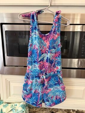 SweetHoney Blue and Pink Tropical Neckline Romper